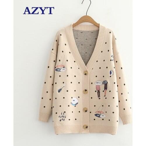 AZYT Spring Autumn Dot Cartoon Print Knit Cardigan Women V Neck Long Sleeve Knitshirt Tops Female Harajuku Knit Sweater Coat