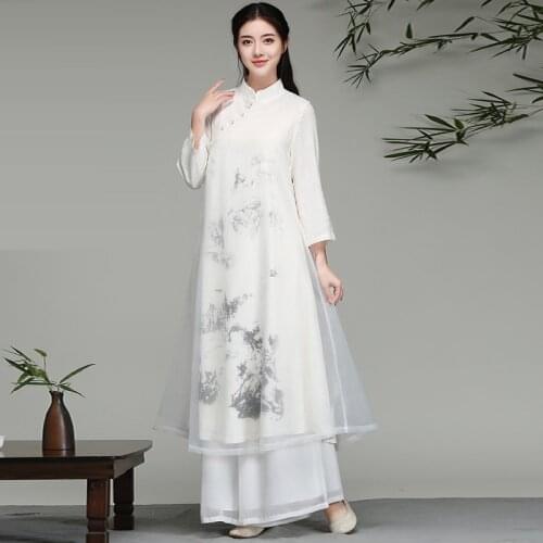 2020 New Chinese style Hanfu Zen Suit Female Retro Artistic Floral Printed Cheongsam Dress Oriental Clothing Women Qipao Dress