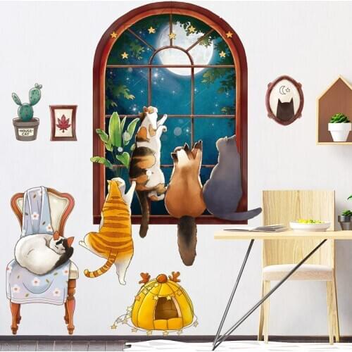 3D Posters Modern Cats Look Out The Window Wall Stickers Kids Background Princess Bedroom DIY Decor Waterproof Murals Wallpaper