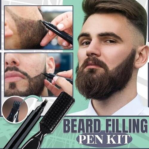 Beard Filling Pen Kit for Patchy Areas 4-tip Mustache Drawing Pen & Brush Waterproof & Sweat Proof Black / Dark Brown SK