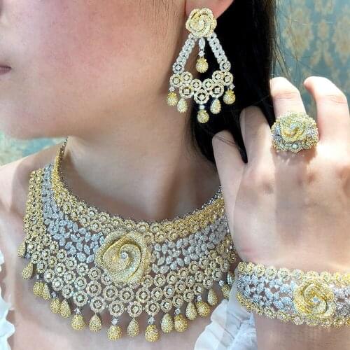 KellyBola BIG Super Luxury Chokers 4PC African Necklace Zircon Jewelry Sets For Women Wedding Indian Nigerian Party Jewelry