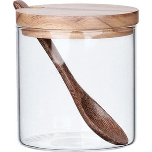 Three-piece Wooden Seasoning Jar Set Glass Containers Salt Sugar Jars with Spoon Condiment Jars Box Spice Pot Kitchen Supplies