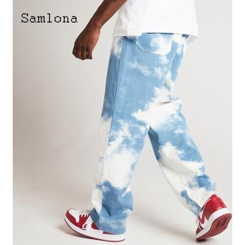 Samlona Jeans Denim Pant Mens Fashion Tie Dry Trousers 2020 Male Zipper Loose Pants Hip Hop Streetwear Men Denim Straight Jeans