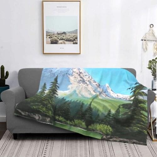 Bob Ross Inspired Landscape Mountain Art Camping Blankets Fleece Spring Autumn Backpacking Soft Throw Blanket for Bed Couch
