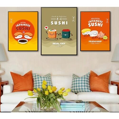 Canvas art cartoon Japanese food sushi canvas print poster for living room aesthetic room decor wall pictures bedroom decor