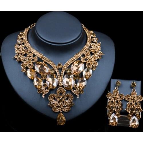 LAN PALACE turkish wedding jewelry sets Glass Rhinestone for bridal gold color necklace and earrings six colors free shipping