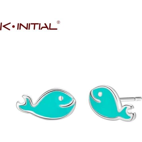 Kinitial Lovely Asymmetry Blue Whale Dolphin Stud Earrings For Women Girl Kids Fashion Statement Jewelry Gift oorbellen Bijoux