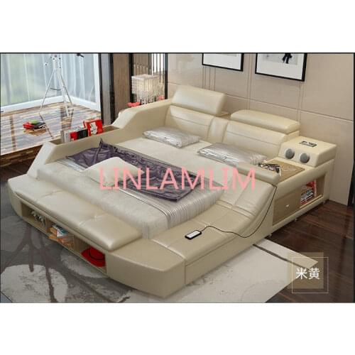 Genuine leather bed frame Soft Beds massager storage safe speaker LED light Bedroom cama muebles de dormitorio / camas quarto