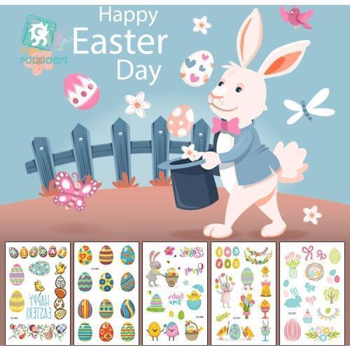 Rocooart Kids Tattoo Sticker Happy Easter Fake Tattoo Cute Cartoon Temporary Tattoos Children Gift Birthday Party Face Tatoo
