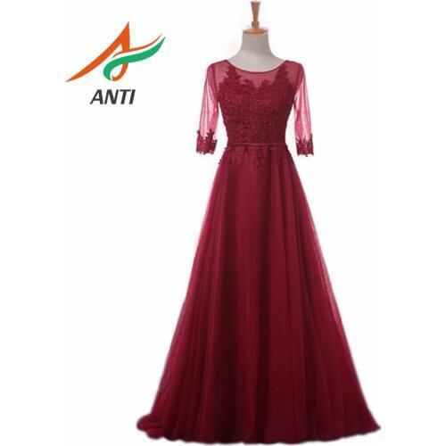 ANTI New Evening Dresses Long 2019 Half Sleeve Illusion Backless Burgundy Robe De Soiree Elegant Appliques Party Gowns For Woman