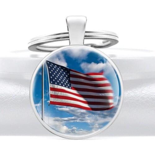 Silver Color American Flag Glass Cabochon Metal Pendant Key Chain Charm Men Women Key Ring Jewelry Gifts Keychains