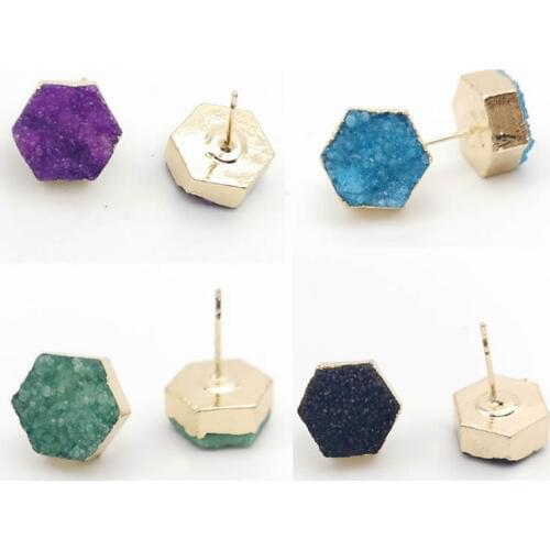 Natural Stone Piercing Stud Earrings 2019 for Girl Crystal Quartz Druzy Drusy Gold Color Geode Geometric Hexagon Reiki