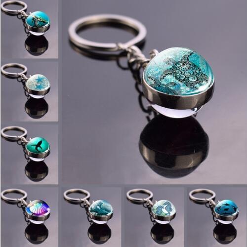 Sea Turtle Dolphin Seashells Glass Ball Keychain Glass Ball Cabochon Jewelry Keyring Ocean Souvenir Pendant Gifts Dropshipping