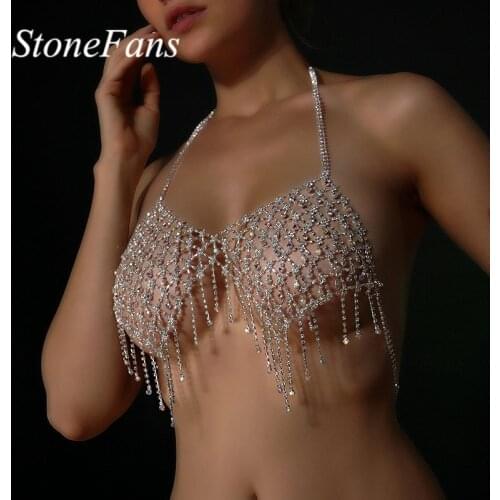 Stonefans AB Rhinestone Chest Body Jewelry Sexy for Women Beach Tassel Body Chain Crystal Bikini Underwear Bra Accessories Gift