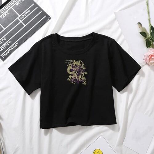 CDJLFH Womens Clothing Summer 2021 Dragon Graphic Tapered Printing Tees Black Crop Tops Crew Neck Short Sleeve Female T-shirts