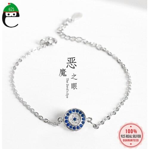 ElfoPlataSi 100% 925 Sterling Silver Twinkling Round Blue Eye CZ 16cm Bracelet For Women Girl Silver 925 Jewelry Gift XY966