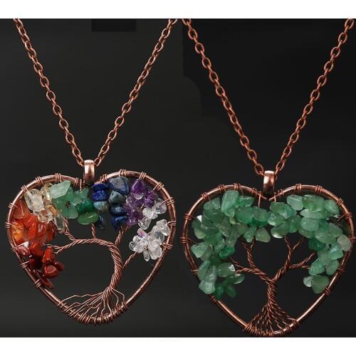 2019 Handmade Tree of Life Pendant Heart Necklace Women Copper Chain Chakra Natural Stone Jewelry Rainbow Quartz Crystal Gift