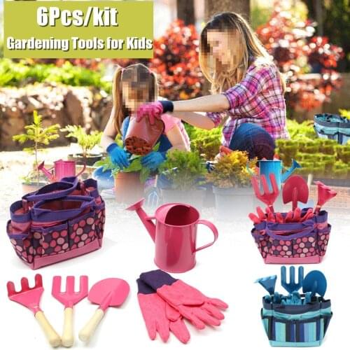 6pcs/set Kids Gardening Wooden Metal Children Garden Tool Spade Fork Bag Shovel