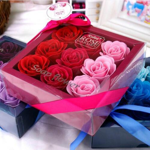 9Pcs Creative Gradient Simulation Rose Soap Flower Scented Bath Body Shower Romantic Wedding Favor Valentines Day Gift With Box