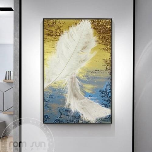 Abstract Girlish Pink Baby Blue Feather Canvas Painting Modern Golden Wall Art Picture for Living Room Girls Nordic Poster Print