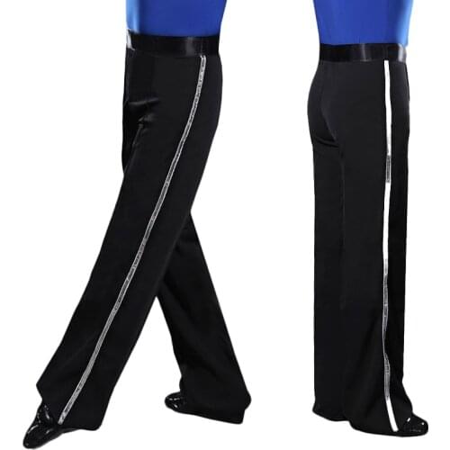 Sequin Silver Sequin Stripe Latin Dance Pants Men Black Pant Big Size Adult male Ballroom Standard Latin Dance Pants VDB716
