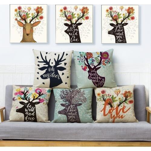 Cute Nordic Cartoon Deer Head Print Cushion Cover Beige Linen Pillow Covers 45*45 Throw Pillows Cases Sofa Home Decor Pillowcase