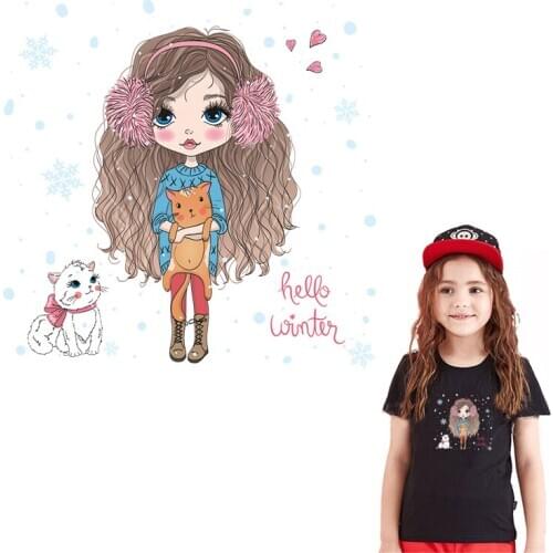 Girl and Cat Stripes On Clothes Stickers Iron On Patches Heat-Sensitive Patch Application Of One Ironing Printing For Clothing