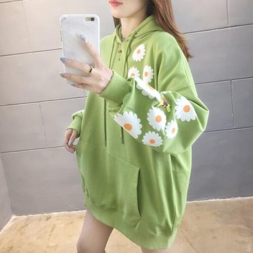 Long Sweatshirt Women Print Daisy Oversize Sweatshirt Fashion Loose Thin Streetwear Korean Hoodie Woman