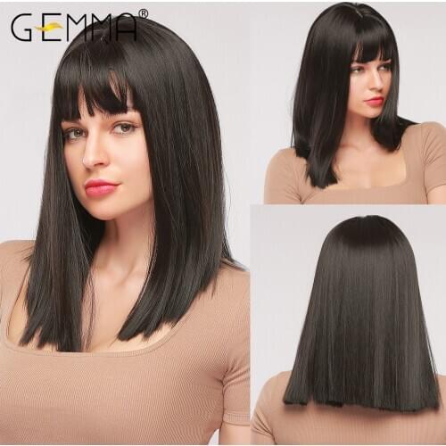 GEMMA Natural Black Medium Straight Bob Hair Cosplay Party Lolita Women Girls Synthetic Wigs with Bangs Heat Resistant Fibre
