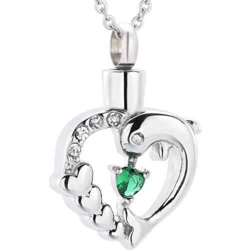 IJD925 Stainless Steel Crystal Inlay Heart Dolphin Cremation Pendant Memorial Necklace Ashes Holder Urn Funeral Keepsake Jewelry