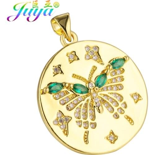 Juya DIY Micro Pave Zircon Green Gems Gold Butterfly Charms For Handmade Fashion Pendant Jewelry Making