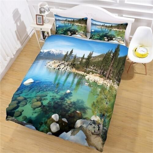 ALWSREH Home Bedding Set Luxury Duvet Cover Bed Comforter and Pillowcases Stunning Scenery Forest Lake Quality Full Size Soft