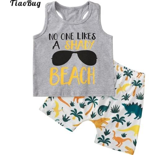 Summer Gray 2Pcs Toddle Boys Cotton Suit Round Neck Sleeveless Letters Print Vest Tops And Cartoon Dinosaur Print Shorts Sets