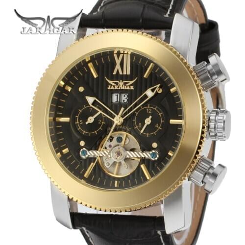 Jaragar Tourbillion Mechanical Watches Black Golden Clock Calendar Display Steampunk Black Genuine Leather Belt Dress watch