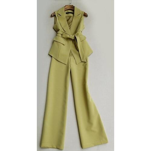 Finer Chois Fashion Tied Waist Suit Vest + Popular Wide Leg Suit Pants Office Lady Sets Drop Shipping