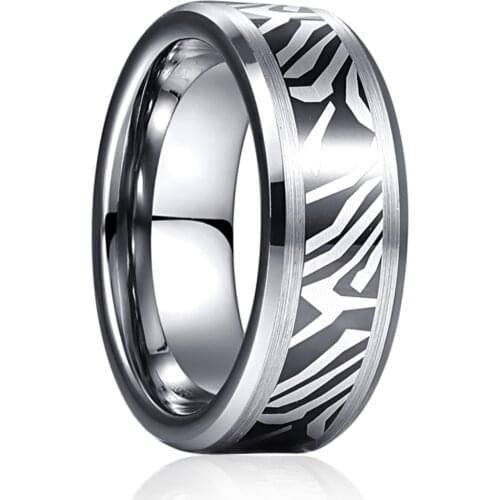 Silver Color Carbon Rings For Men 8mm Zebra Pattern Tungsten Steel Ring