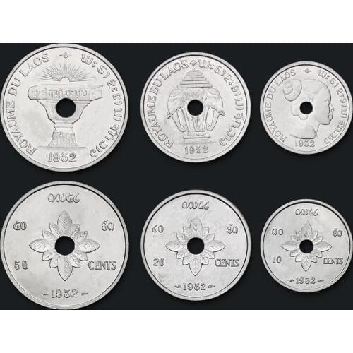 Set of 3 Laos coins with holes 1952 New Genuine Original Coins 100% Real Collect Issuing Coins Unc Aisa