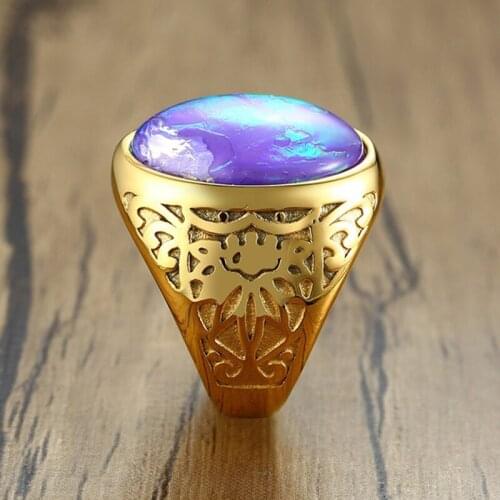 Stainless Steel Opal Stone Ring Gold Color Mens Ring Engagement Anniversary Jewelry Size7-12