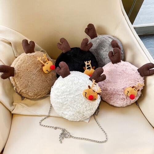 2020 new cartoon cute plush elk antler diagonal bag girl Christmas gift one-shoulder chain bag Lady shoulder bag handbag women