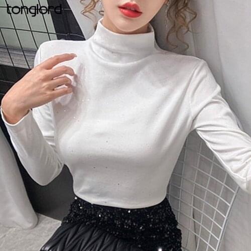 Office Ladies Slim Women Half Turtleneck Bottoming Tops Autumn Long Sleeve Velvet T-Shirts Female Flash Thick Elastic T Shirts