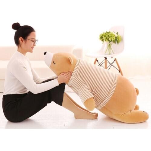 Huge 110cm cartoon prone brown polar bear plush toy dressed stripes clothes bear soft doll throw pillow birthday gift b0479