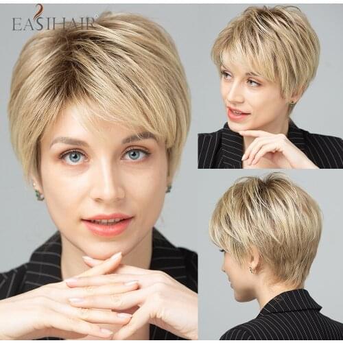 EASIHAIR Short Mixed Blonde Golden Futura Wigs with Pixie Cut Bangs Heat Resistant Fiber Natural Cosplay Wigs for White Women