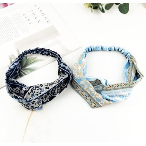 Lady Chiffon Cross printing hair bands for Women blue and white porcelain Headband Headwear girls flower Hair Accessories FD14