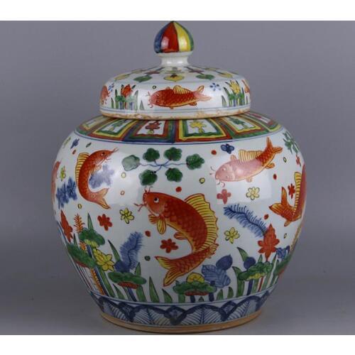 Handpainted Jingdezhen Big Ming Jiajing Year hand-painted five colored fish algae waterweeds Pattern cans cover tank jar