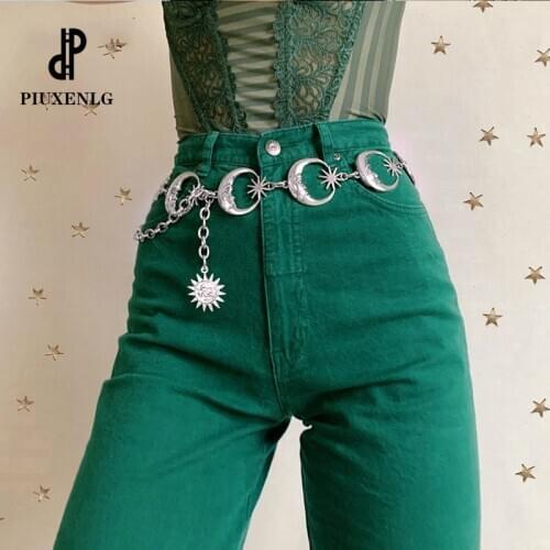 Brand belt Harajuku Punk Moon Metal Belts Women Vintage High Waist Chain Waist Belts Gothic Moon Sun Sliver Pendant Belts Female