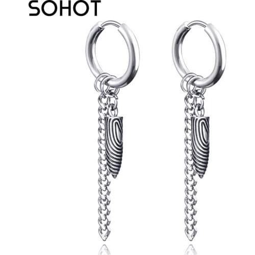 SOHOT Unisex Titanium Stainless Steel Hoop Drop Earrings HipHop Wholesale Punk Chic Triangular Pyramid Tassel Man Gift Party