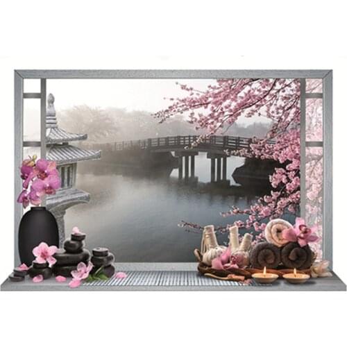 Outside the fake window garden scenery Flower Bridge Water 3d vinyl wall stickers home decoration landscape wallpaper 70*50cm