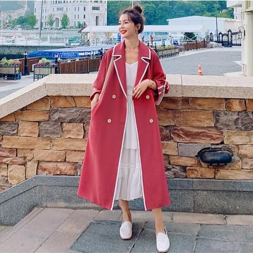 Womens Plus Size Windbreaker Long 2021 Spring Autumn New Lapel Watermelon Red Korean Loose Fashion High-quality Lining Coat YW3