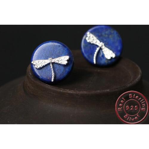 Amxiu Handmade Lapis Lazuli 925 Sterling Silver Stud Earrings Insect Dragonfly Earrings For Women Girl Ear Piercings Accessories