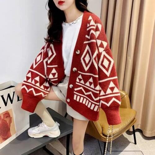 Chic Print Single-breasted Cardigan Coat Women Temperament Loose Long Sleeve Mohair Sweater Female Wn